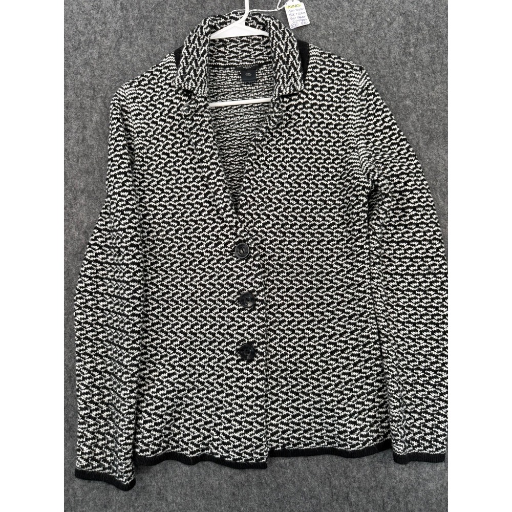 Ann Taylor Petite Black White Geometric Knit Button Cardigan Sweater XSP 321665